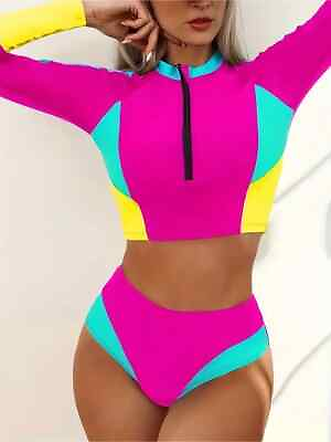 #ad Zipper Color Block Long Sleeve 2 Piece Swimsuit High Waist Crew Neck Size XL $15.95