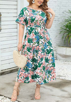 #ad Plus Size Tropical Floral Round Neck Tie Waist Flowy Maxi Dress $27.99
