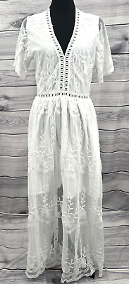 #ad SHEER WHITE EMBROIDERED FLORAL MAXI DRESS Women#x27;s Size Large Side Slits NEW $23.51