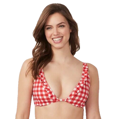 #ad NEW Lauren Conrad L Women#x27;s Red White Plaid Ruffle Bikini Top LC $10.78