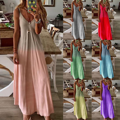 Womens Gradient V Neck Long Maxi Dress Ladies Holiday Strappy Cami Sundress US $23.49