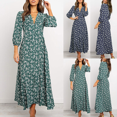 #ad Womens Floral Boho V Neck Long Sleeve Maxi Dress Lady Casual High Waist Sundress $20.49