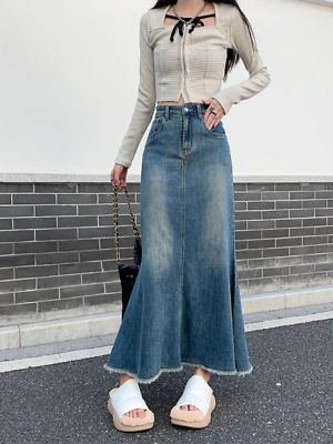 #ad #ad Casual Loose Tassel Women Denim Skirts Vintage HIgh Waist Pocket Jeans Skirts $59.74