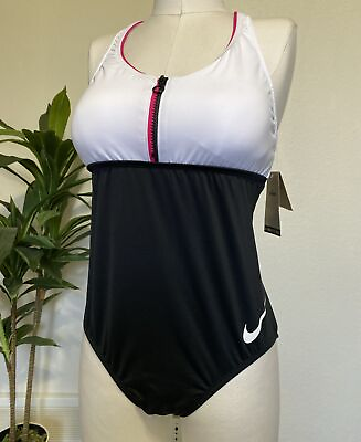 #ad Nike Swim Women#x27;s L Logo Racerback Cut Out One Piece Swimsuit Black White NWT $33.57