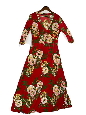 #ad Mile Gabrielle Red Floral Maxi Dress Women#x27;s M V Neck 3 4 Sleeves $15.97