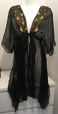 #ad Gottex Black 100% Silk Gold trim Sheer Kaftan One Size Beach Cover Up wrap dress GBP 162.45