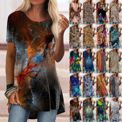 #ad Women Boho Floral Print Long Tops Tunic T Shirt Casual Short Sleeve Blouse Tee $16.99