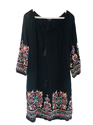 #ad Kaktus Embroidered Long Sleeve Tassel Black Boho Dress Size M Floral Vacation $13.56