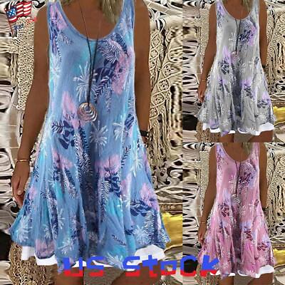 #ad Plus Size Womens Boho Tank Dress Ladies Summer Holiday Beach Loose Fit Sundress $19.85