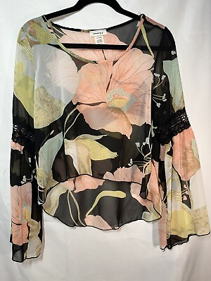 #ad January 7 Black Peach Floral Blouse Shirt Lace Bell Sleeves Feminine Boho Medium $14.00