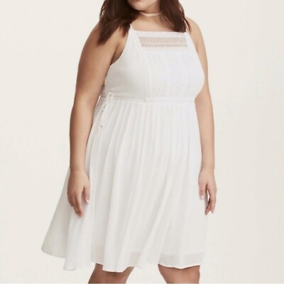 #ad Torrid White Crinkle Gauze Tie Waist Crochet Sleeveless Boho Dress 2X $28.99