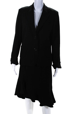 #ad Rene Lezard Womens Two Piece Two Button Ruffled Blazer Skirt Suit Black Size 42 $45.61