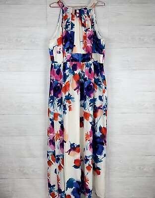 #ad Eliza J Floral Maxi Dress Plus Size 22W Chiffon Halter Tie Neck Pleated NWT $98.95