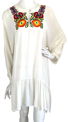 #ad Embroidered Peasant Dress Boho Crinkled Dolman Sleeve Raw Hem Semi Sheer Ivory L $15.95