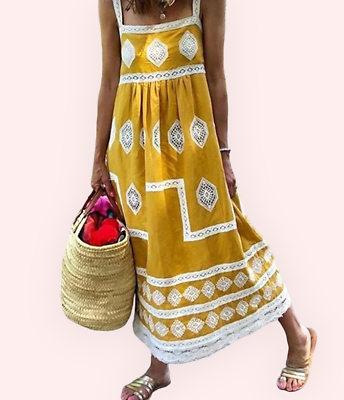 Misslook Maxi Boho Dress Yellow Southwestern Lace Trim Midi Sleeveless Size S M $19.98