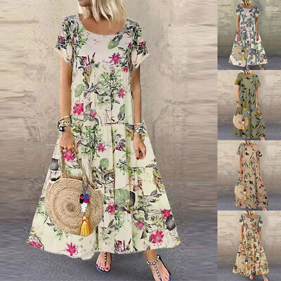 Plus Size Womens Floral Boho Maxi Dress Short Sleeve Summer Kaftan Long Sundress $23.49