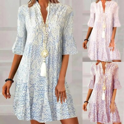 #ad Women Midi Long Dress Half Sleeve Summer Beach Sundress Ladies Ethnic Holiday $24.87