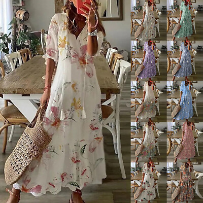 #ad Plus Size Womens Printed Long Maxi Dress Ladies V Neck Loose Summer Sundress US $22.25