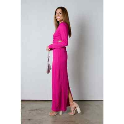 NWT Hot Pink Maxi Dress Long Sleeve Waist Cutout Stretchy Bodycon Knit Vacation $26.00