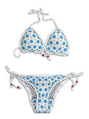 #ad Hand Crochet bikini set sexy Women Padded 2 Pieces top bottom wHITE swimsuit $34.00