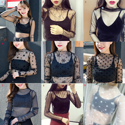 Women Mesh Sheer Long Sleeve Blouses T Shirt Ladies Sexy Tops Tee Party Clothing $1.79
