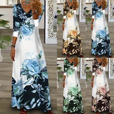 Women Spring Summer V Neck Long Sleeve Elegant Printing Maxi Dress Streetwear $19.03