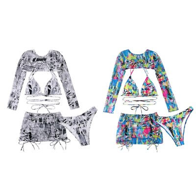 4 Pieces Swimsuits Women#x27;s Halter Set Print Bathing Suits with Cover Up Lady $19.98