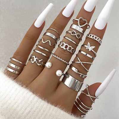#ad Woman#x27;s Rings 22pc Set Silver Golden Adjustable Fashion Jewelry Boho DIY Gifts $3.28