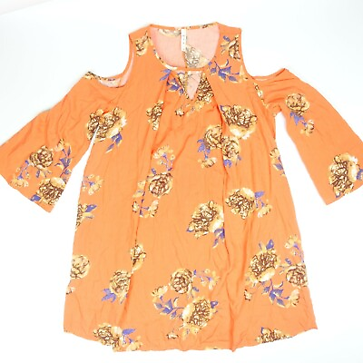#ad Mts Orange Blue Floral Cold shoulder keyhole Boho Dress Long Blouse Top Sz Small $9.69