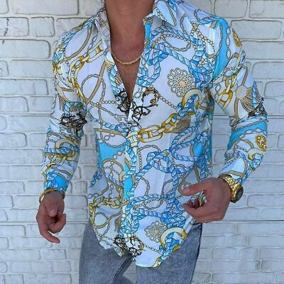 Button Down Shirt Men Blue Gold Chain White Print Long Sleeve Fashion Hawaiian T $29.86