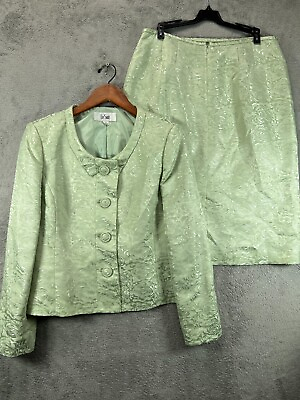 #ad Le Suit Skirt Suit Set 2 Piece Green Demask Baroque Wedding Womens 12 Church VTG $39.90