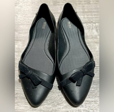#ad Melissa Black Synthetic Pointed Toe Velvet Bow Flats Size 9 $55.00