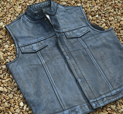 Biker Vest Black Blue Distressed Sons of Anarchy Style Harley Clearance Size S AU $59.95