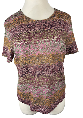 #ad Vintage Kathie Lee Pink Floral Short Sleeve Top Size XL Stretch Boho Glitter Y2K $15.00