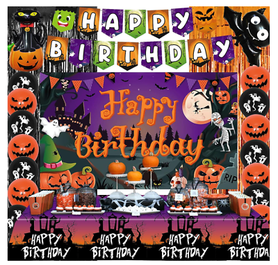 Halloween Birthday Party Decorations w Banner Backdrop Balloons amp; Tablecloth $14.99