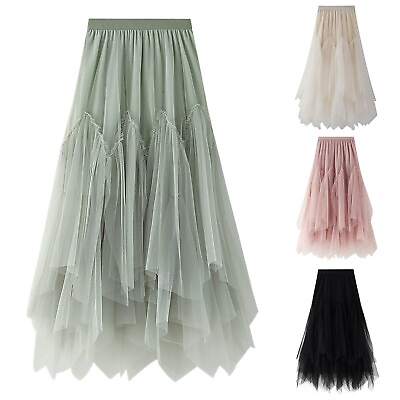 #ad Women#x27;s A Line Fairy Elastic Waist Tulle Midi Skirt High Waist Skirts Mesh $20.45