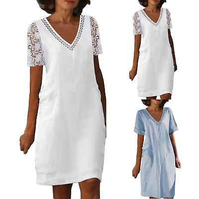 #ad Ladies Summer Cotton Linen Dress Embroidered Lace Solid Short Sleeve Party Dress $15.99