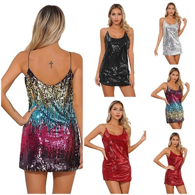 #ad Womens Sparkly Sequin Cocktail Party Dress Spaghetti Straps Backless Dresses $7.78