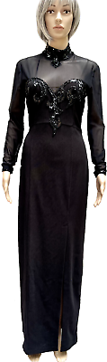#ad #ad SCALA Black Sequined Beaded Sheer Long Sleeve Open Back Maxi Formal Dress Sz 10 $49.00