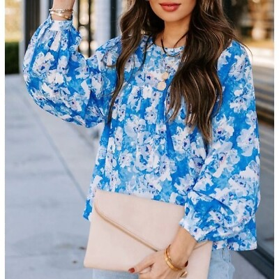 #ad VICI Babydoll Floral Print Top Womens Medium Boho Colorful Blue Long Puff Sleeve $29.98