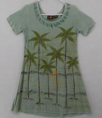 RAYA SUN WOMENS PULLOVER DRESS SZ S SAGE GREEN BEADED PALM LEAVES PAINTED NWMD $17.99