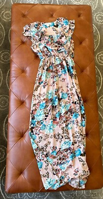 #ad Monteau Pink w Blue Floral MaxiDress Ruffle V Neck Sleeveless Cocktail Size S $18.00