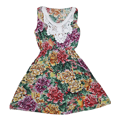 #ad Girls Cute Casual Floral Dress Sleeveless Fit And Flare Midi Cotton L Dress NEW $20.09