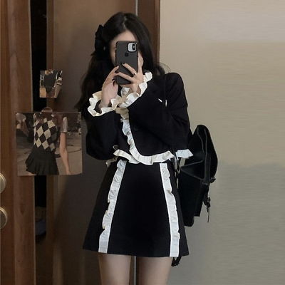 #ad Autumn Fashion Black Skirt Suit RuffledContrast Color CroppedJacketmini Skirts $53.36