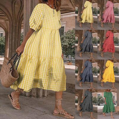 #ad Women Boho Floral Maxi Dress Plus Size Smock Sundress Summer Loose Baggy Kaftan $19.24