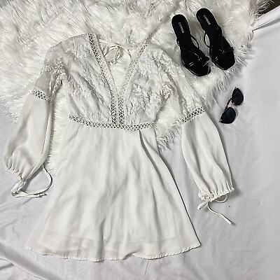 #ad White Boho Chic Long Sleeve Mini Dress Backless V cut Tie Gather Sleeves S $35.00