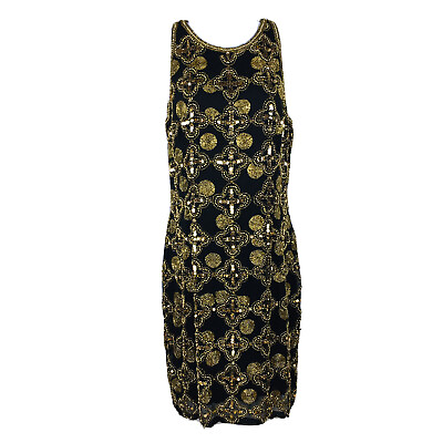 #ad Elegant Vintage Black Silk Evening Dress Size 10 Cocktail Gold Sequin Beaded $350.00