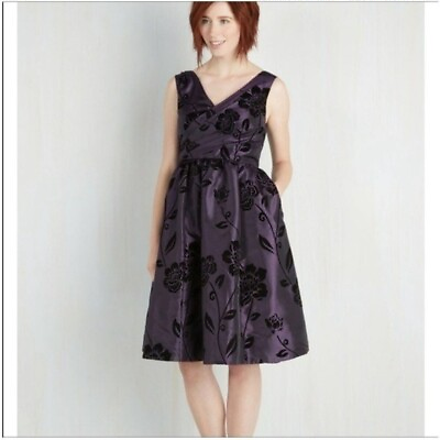 #ad ModCloth Purple Fit and Flare Dress with Black Velvet Floral Pattern Party Dress $22.99