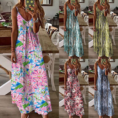 #ad Summer Beach Slip Dress A Line Long Dress Maxi Strappy Dress V Neck Floral Print $25.00