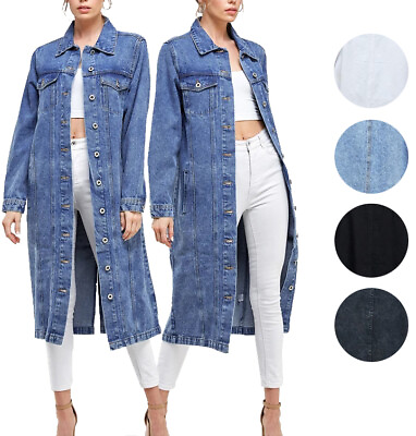 Women#x27;s Long Casual Maxi Length Denim Cotton Coat Oversize Button Up Jean Jacket $41.15